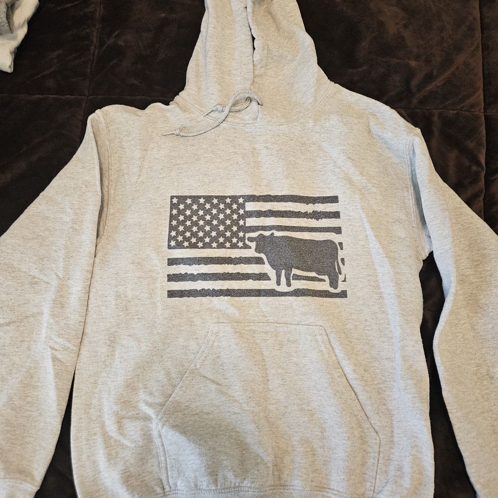 Gray Hoodie with Flag and Cow Design